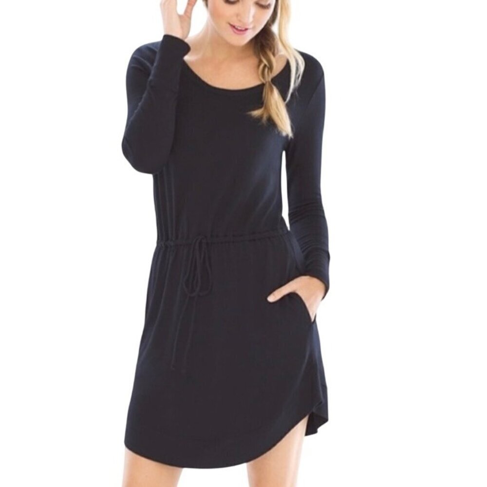 Soma Drawstring Dress Womens Size S Black Long Sleeve Stretch Knit Terry Pockets